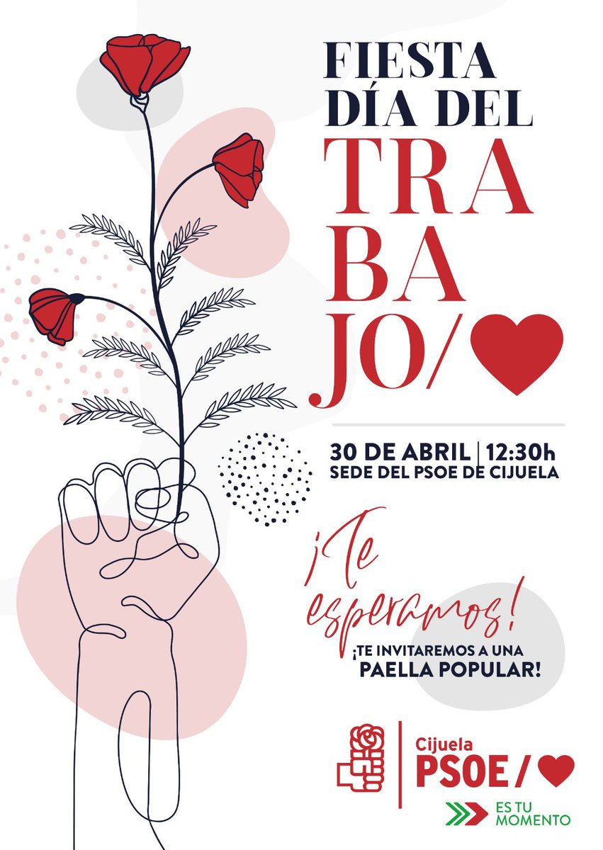 Samuelp_asencio's tweet photo. 🌹 Este 𝐬á𝐛𝐚𝐝𝐨 𝟑𝟎 𝐝𝐞 𝐀𝐛𝐫𝐢𝐥 tenemos mucho q celebrar y reivindicar ... 𝙮 𝙡𝙤 𝙦𝙪𝙚𝙧𝙚𝙢𝙤𝙨 𝙝𝙖𝙘𝙚𝙧 𝙘𝙤𝙣𝙩𝙞𝙜𝙤‼️

👉🏼 El #PSOE de #Cijuela te invita a la celebración del Día Internacional del Trabajo con todos sus militantes y simpatizantes en nuestra sede https://t.co/Rp0POExLeE