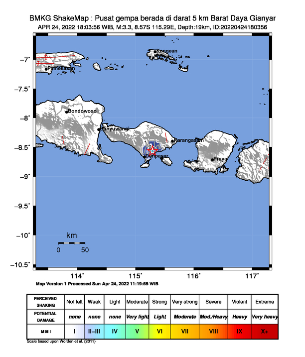 #Gempa Mag:3.3, 24-Apr-22 18:03:56 WIB, Lok:8.57 LS, 115.29 BT (Pusat gempa berada di darat 5 km Barat Daya Gianyar), Kedlmn:19 Km Dirasakan (MMI) II Gianyar #BMKG