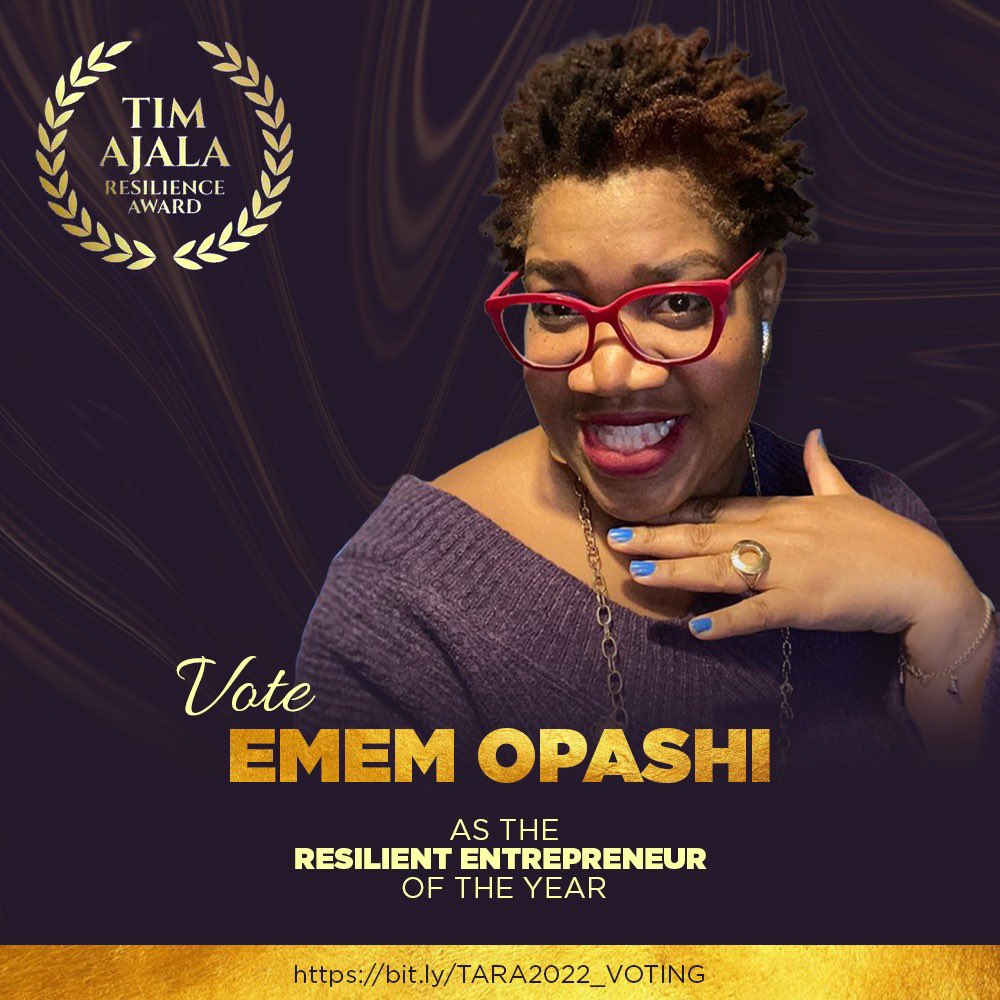 Hiiiiii!!! ☀️ I’ve been nominated for the *Resilient Entrepreneur Award* 
Please Vote for me: *Emem Opashi-SRC* 
TIM AJALA RESILIENCE AWARD (TARA) 2022 #TARA2022.*

Voting link: bit.ly/TARA2022_VOTING 
Please repost too!