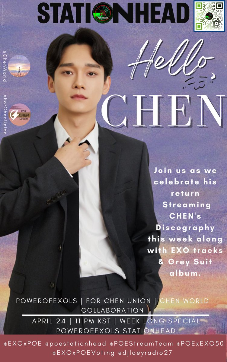 EXOxPOE's tweet photo. Hello,#CHEN 🌸

Welcome back Chen! 
Join us as we celebrate “JONGDAE All day” on the @poestationhead @STATIONHEAD
Streaming CHEN’s discography this week along w/ EXO tracks &amp; Grey Suit album.

April 24 • 11:00 PM KST
🔗 https://t.co/SLP0J4xnyZ

#첸 #CHEN #엑소 #EXO @weareoneEXO https://t.co/eoBCTtZL6S