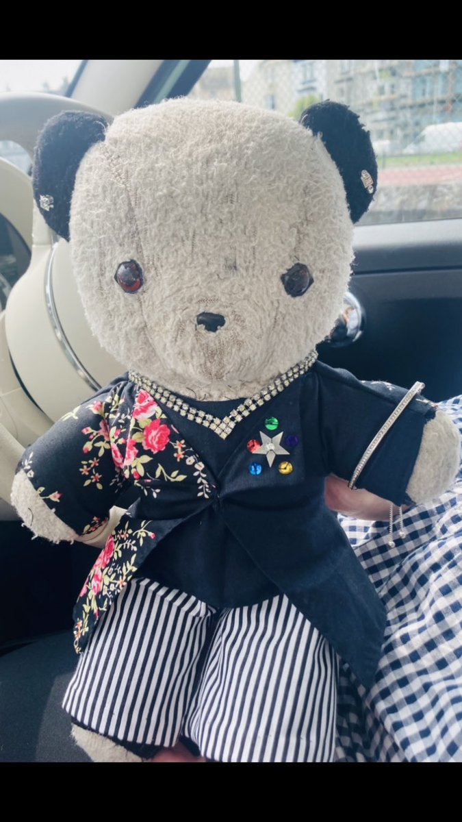 FunnySuzyB's tweet photo. This is Percy. He’s 48 yrs old and looking Fabulous! Well loved by my brother &amp; now his wonderful daughter @_amylizzyB 
Her clever Nanny gave Percy a #HarryStylesstyle makeover with bespoke suit &amp; bling ahead of his #Wembley show in June.What do you think @Harry_Styles ? 😍🕺🏽🐼😉 https://t.co/31eNWCewYz