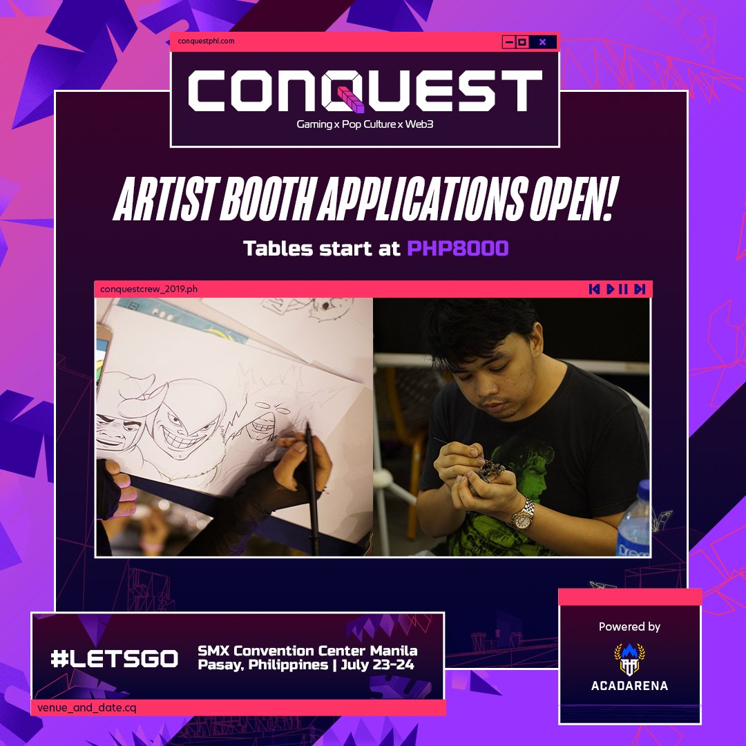 CONQuestPHL's tweet photo. 🎨 Sell your art and other cool works at #CQ2022!

Applications for tables for the Crafter's Quarter are now open 🔓
💸  Tables start at PHP 8k!

Slots are limited, so sign up here: https://t.co/vCbidW76DC

Be part of the dopest gaming and pop culture event of the year! #LetsGo https://t.co/3P0Ehi5TF1