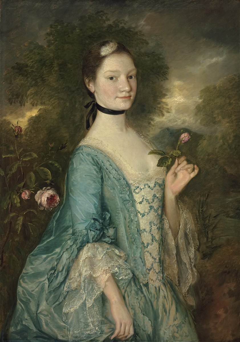 Oil painting of a young eighteenth-century English woman in a blue dress holding a pink flower.