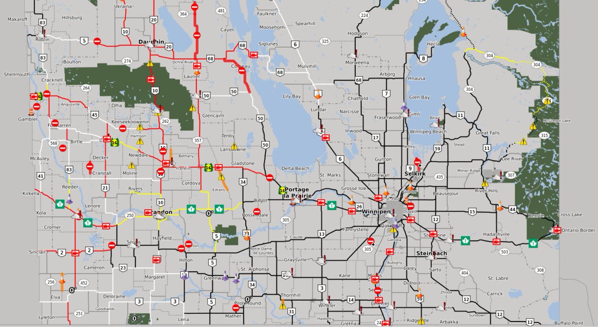 Morning #mbstorm update:

- 60mm of rainfall at The Forks
- Flooded underpasses, basements in Winnipeg
- 11,000 <a href="/manitobahydro/">Manitoba Hydro</a> customers w/out power (nearly all in Westman, first picture)
- Highway closures in Westman (second picture)
- 10cm of snow expected in Riding Mountain