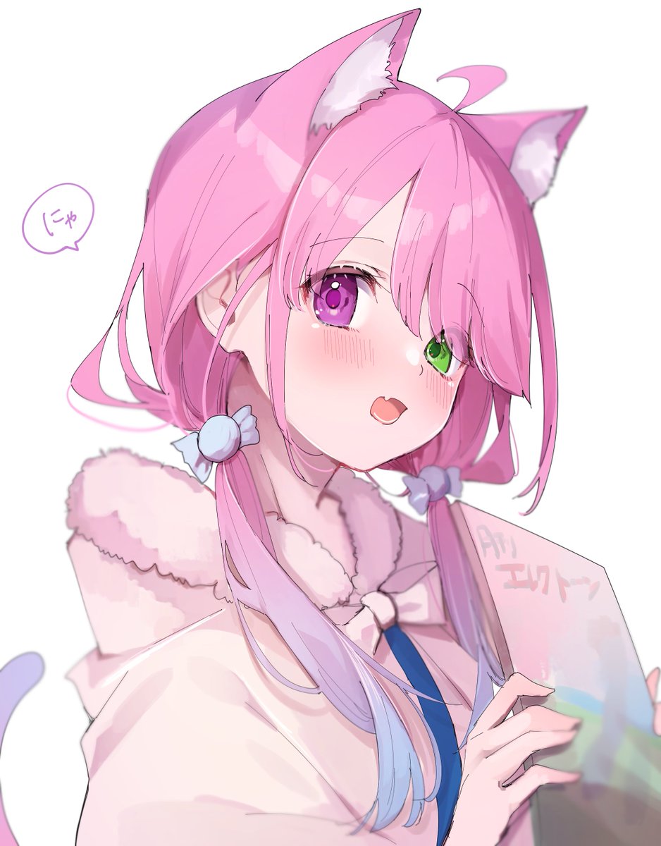 himemori luna 1girl cat ears animal ears solo pink hair heterochromia tail  illustration images