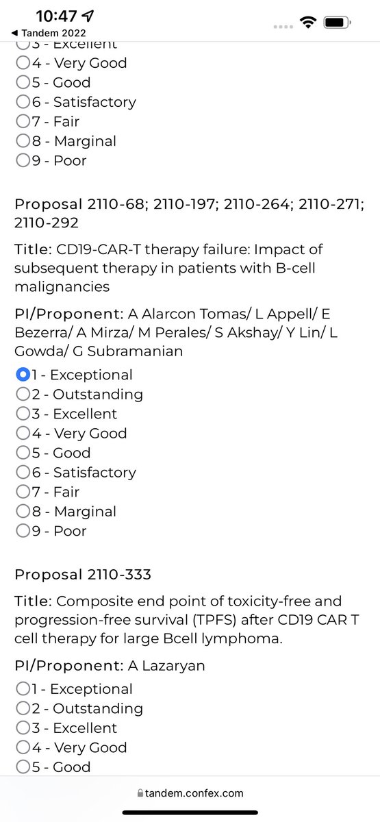 AnaAlarconTomas's tweet image. Quick tweetorial on how to vote #CIBMTR proposals.1 Go to your #Tandem22 app. 2 look for the @CIBMTR working committee you want to vote 3. Click “here to view”scoring sheet. 4 It will automatically pop up a new webpage. 5. Score proposals #remember 1 is exceptional 9 is poor👇🏼