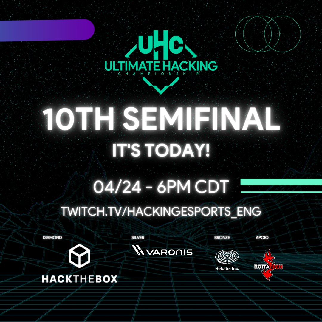 Today is the last semifinal of the first season of UHC 😱

Tell us in the comments if you have a favorite player. 🔥

It's today at 6pm CDT on our Twitch channel.
👉twitch.tv/hackingesports…

#hacker #ctf #uhc #hackingesports #uhcctf