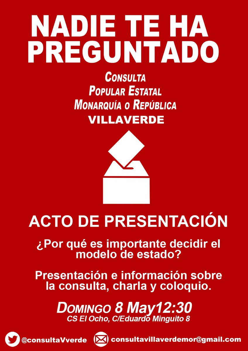 El domingo ocho de mayo, te invitamos al acto de Presentación de la Consulta Monarquía o República, el cual se realizara en el <a href="/CSElOcho/">Centro Social El Ocho</a>.

✊ <a href="/consultaestatal/">Plataforma Consulta Popular Estatal</a> 
#14Mayo2022TúDecides #ConsultaPopularEstatalMoR