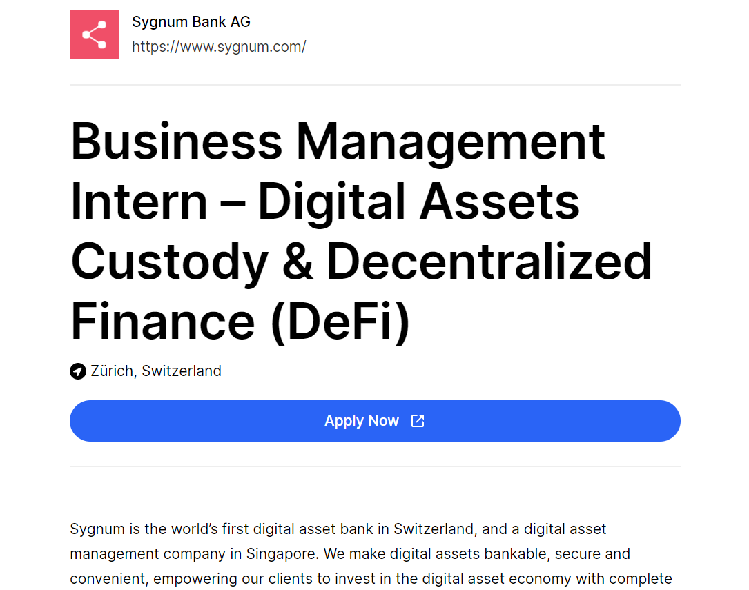 web3internships's tweet image. Business Management Intern – Digital Assets Custody & Decentralized Finance (DeFi)
@sygnumofficial
🌍Zürich Switzerland
👉web3internships.com/info/business-…
#web3 #internship