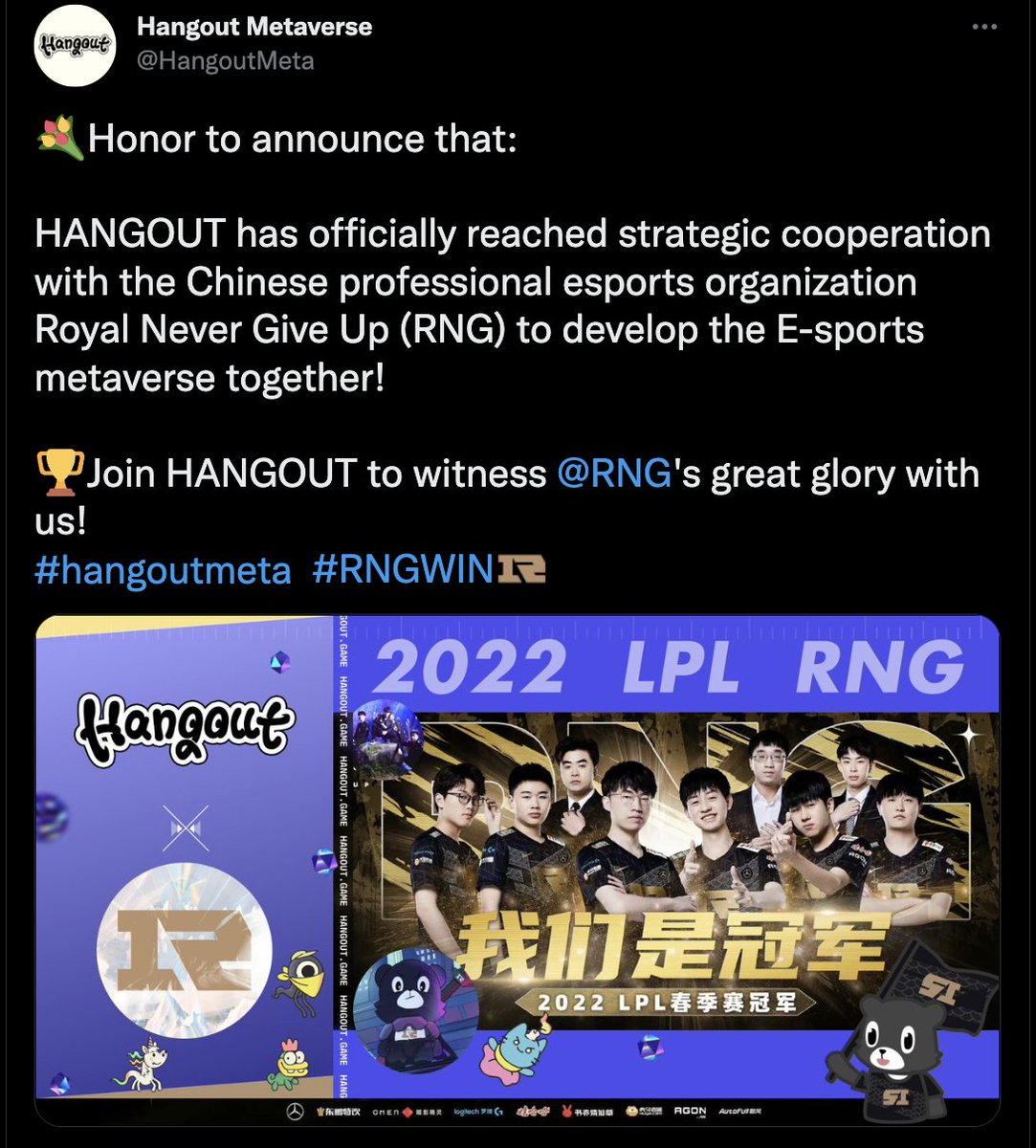 Foundation_RNGX's tweet photo. We are greatly pleased to announce that our @Foundation_RNGX  Foundation based in Singapore has officially invested in the fantastic #Metaverse  HANGOUT! Please join us to build the e-sport metaverse together by following the official account of @HANGOUT!

#hangoutmeta #RNGX https://t.co/yUmnmIeGT2