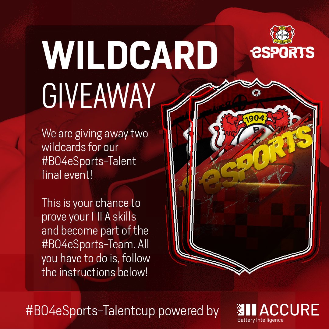 The last chance to get a spot for our #B04eSports-Talent final event! 🔥

Win one of two #Wildcards for our offline final! 

What you have to do:
🐣 you have to be between 16-18 years old 
💬 leave a comment down below
📱 retweet

<a href="/bayer04fussball/">Bayer 04 Leverkusen</a> I <a href="/bayer04_en/">Bayer 04 Leverkusen</a> I <a href="/AccureBattery/">ACCURE Battery Intelligence</a>
