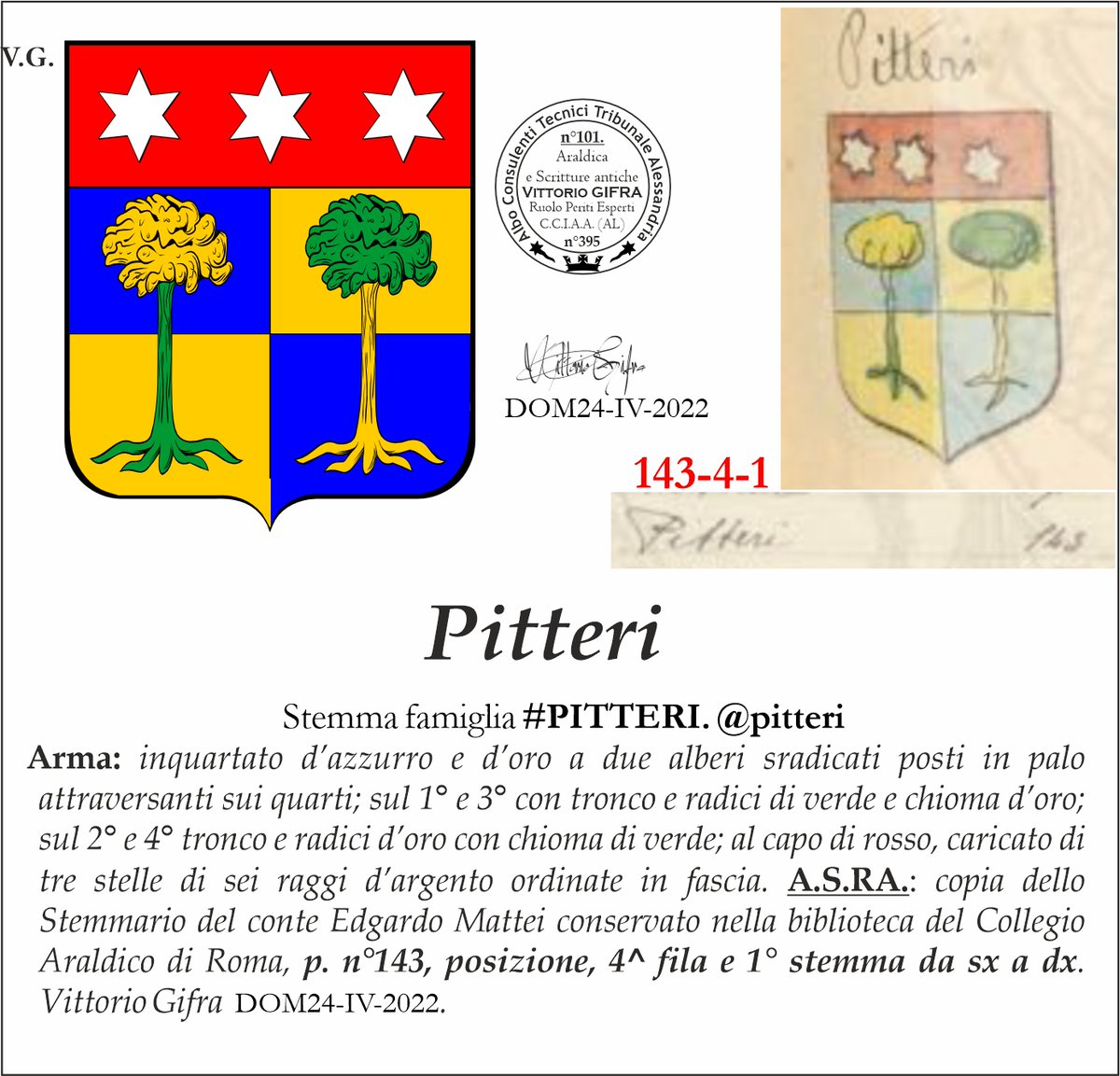 VGIFRA's tweet photo. Stemma famiglia #PITTERI. @pitteri
A.S.RA.: copia dello Stemmario del conte Edgardo Mattei conservato nella biblioteca del Collegio Araldico di Roma, p. n°143, posizione, 4^ fila e 1° stemma da sx a dx. Vittorio Gifra  DOM24-IV-2022. https://t.co/Uw9EzcmKPZ