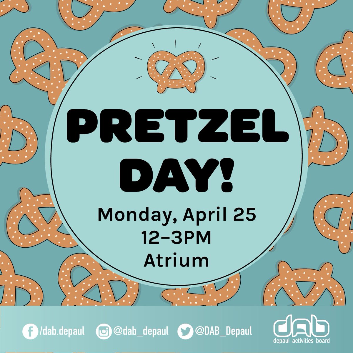 Need a snack between classes? Stop by the LPSC Atrium for pretzel day, there will be different types of pretzels and pretzel-themed activities! 

🥨✨🥨✨🥨✨🥨✨🥨✨🥨

#depaulactivitiesboard #dabspringevents #depauluniversity #depaul #campuslife #campusactivities #pretzelday