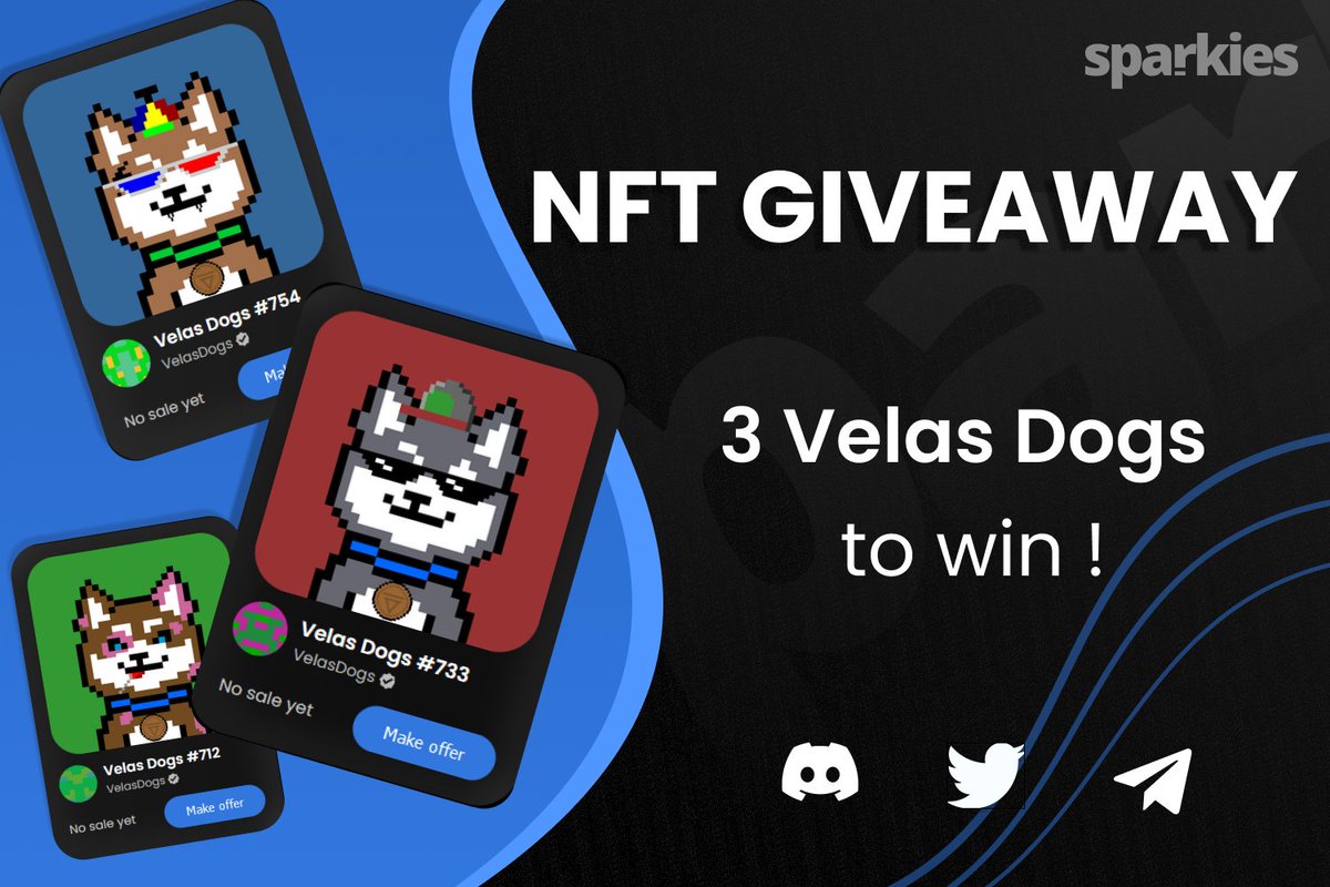 ⚡️NFT GIVEAWAY⚡️

3 Velas Dogs to win :

- RT &amp; like
- Follow <a href="/sparkiesio/">Sparkies | Velas Marketplace</a> &amp; <a href="/VelasDogs/">Velas Dogs - SOLD OUT!</a> 
- Identify 2 friends
- Winners announced in 48h

#NFTGiveaway <a href="/VelasBlockchain/">Velas</a>