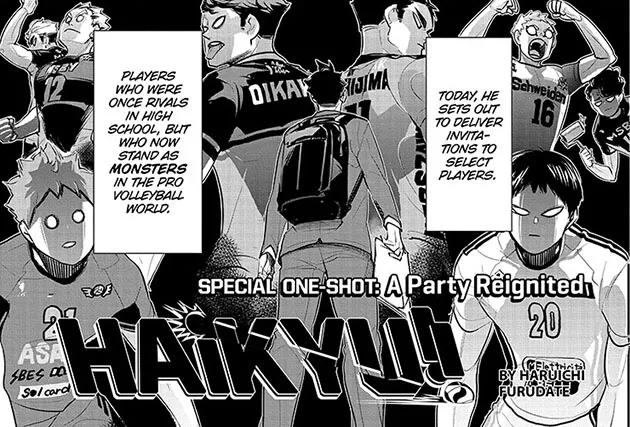 shonenjump's tweet photo. Haikyu!! Special One-Shot: A Party Reignited: The star players are gathered for a big game! Read it FREE from the official source! https://t.co/ecu7vtVUtM https://t.co/MjL8UUjPPI