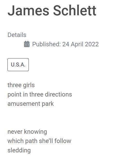 I got these two #haiku published in Under the #Basho: bit.ly/3rN0Eor

three girls
point in three directions
amusement park

never knowing
which path she’ll follow
sledding

#poetry #fatherhood #dadpoem