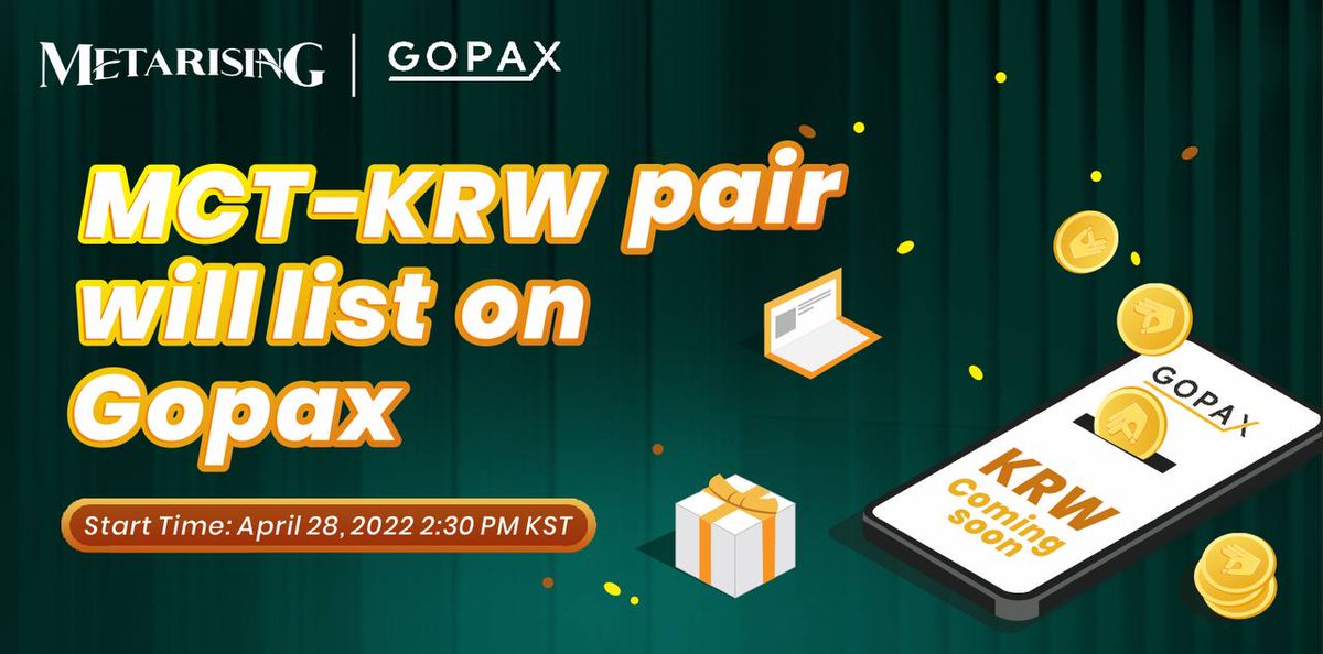 MetaRising (@playmetarising) on Twitter photo .<a href="/GOPAX_kr/">고팍스 - GOPAX</a> will list the MCT-KRW pair (fiat) on April 28th, 2022 2:30PM(KST time zone)
❗️GOPAX exchange is one of the 5 exchanges that can operate with crypto and Korean won pair in south korea.
🎉Happy Trading!
#defi #crypto #microtuber #staking #MCT #MRG .<a href="/GOPAX_kr/">고팍스 - GOPAX</a> will list the MCT-KRW pair (fiat) on April 28th, 2022 2:30PM(KST time zone)
❗️GOPAX exchange is one of the 5 exchanges that can operate with crypto and Korean won pair in south korea.
🎉Happy Trading!
#defi #crypto #microtuber #staking #MCT #MRG