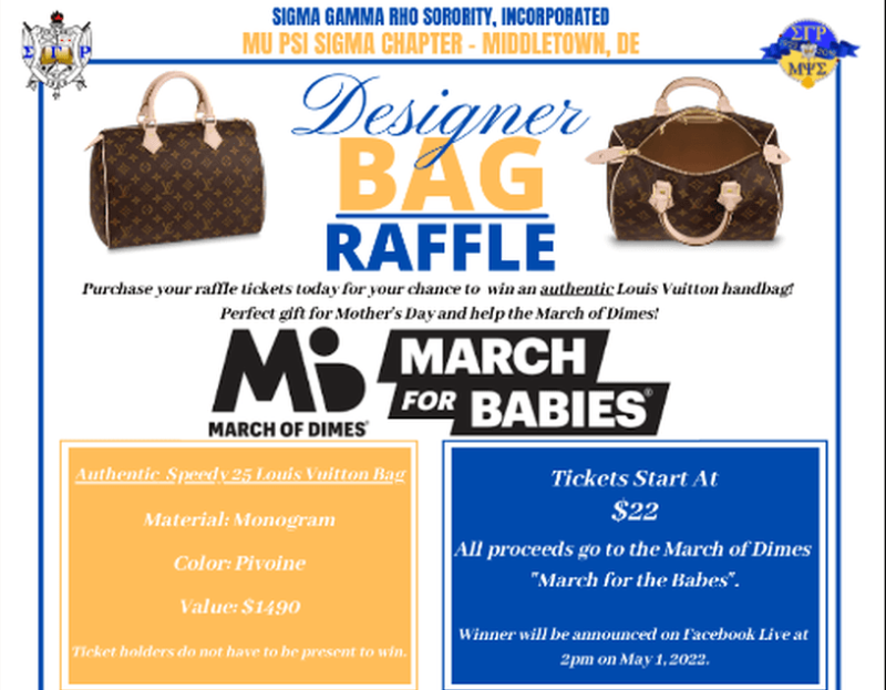 Adrianne's tweet image. My sorority @SGRho supports the @MarchofDimes - Just participated in the Mu Psi Sigma Louis Vuitton Bag Raffle #marchofdimes #greaterservice #greaterprogress
sgrho-middletownde.rallyup.com/louisvuittonba…