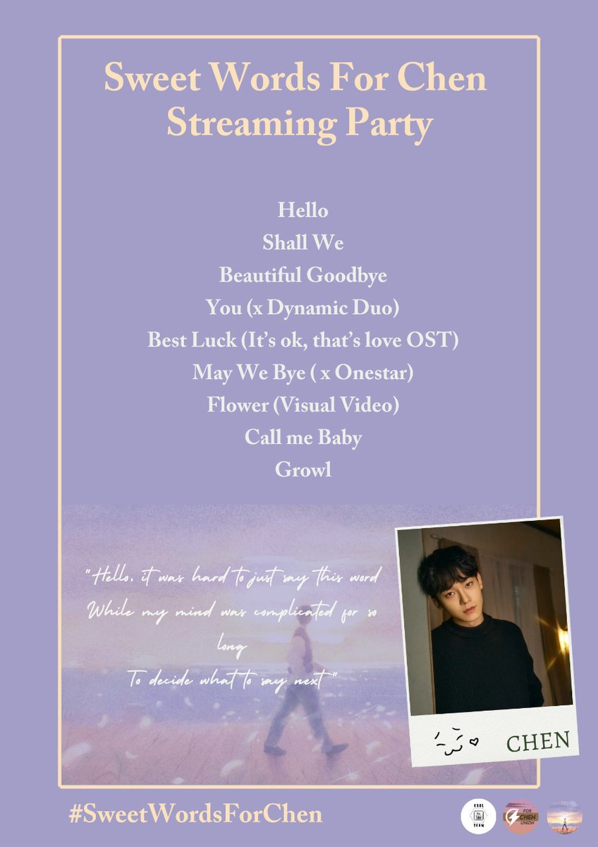 exolyoutubeteam's tweet photo. Sweet Words for Chen streaming party (day 3) starts now ✨

Follow the streaming list below &amp; drop your streaming proofs on the replies along with your favourite quotes from his lyrics👇

Let's fill the tl with the sweetest words 💛

#SweetWordsForCHEN
@weareoneEXO #EXO #CHEN https://t.co/bpHujpppmt
