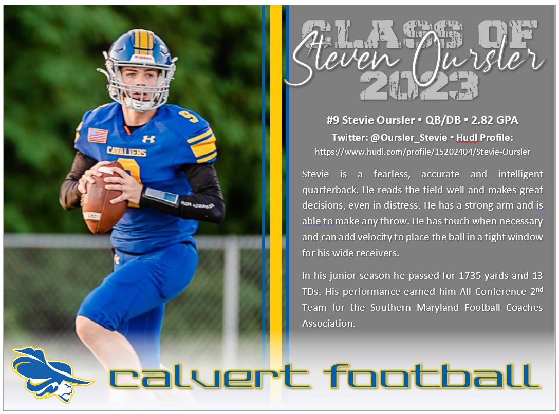 Calvert Football Prospect Spotlight: #9, Class of 2023, Junior QB/DB with good grades and awesome film. Check him out at <a href="/oursler_stevie/">Stevie Oursler</a> watch his junior film below. #UncommonGreatness #1Heart1Beat1Soul #THEcalverthigh  
hudl.com/video/3/152024…