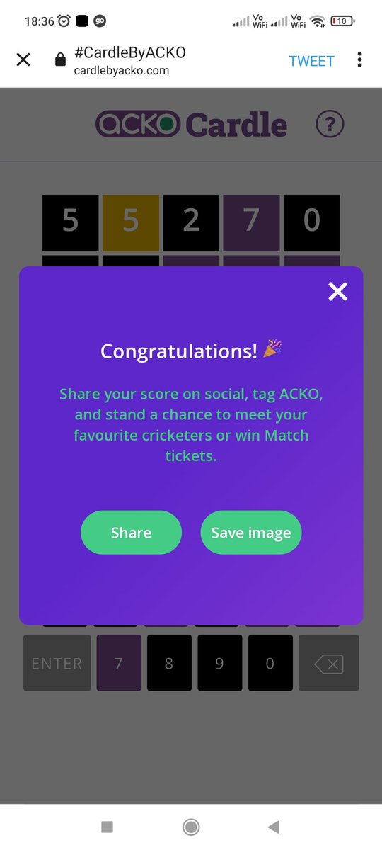 arlenemini's tweet photo. Fingers crossed @ACKOIndia

#CardlebyACKO is my new favourite game! Stand a chance to meet cricket's biggest stars or win match tickets if you can guess the right number. Give it a go: https://t.co/5A79qN5CEc
⬛🟨⬛🟪⬛
⬛⬛🟪🟪🟪
⬛🟪🟪🟪🟪
⬛🟪🟪🟪🟪
🟪🟪🟪🟪🟪
#CardleByACKO https://t.co/vCGqBb2E52