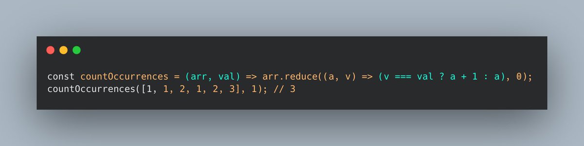 FrontendHacks's tweet image. This snippet counts the occurrences of a value in an array. #javascript #programming #frontend