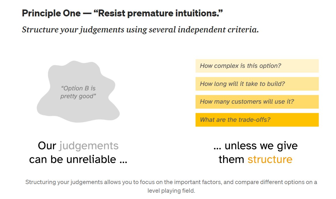 HelenBevan's tweet photo. Three principles for making better decisions: 1) Resist premature intuition &amp; use independent criteria to structure your decision; 2) Take an outside view based on a class of cases similar to this one; 3) Seek the judgement of a wise crowd: https://t.co/jsPDKWXFR6 By @brianoakley https://t.co/H6MAq3SKiN