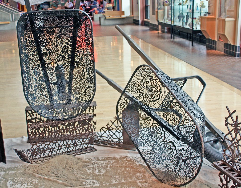 Canadian artist and welder Cal Lane burns lace like patterns into reclaimed steel, tools and industrial objects #WomensArt