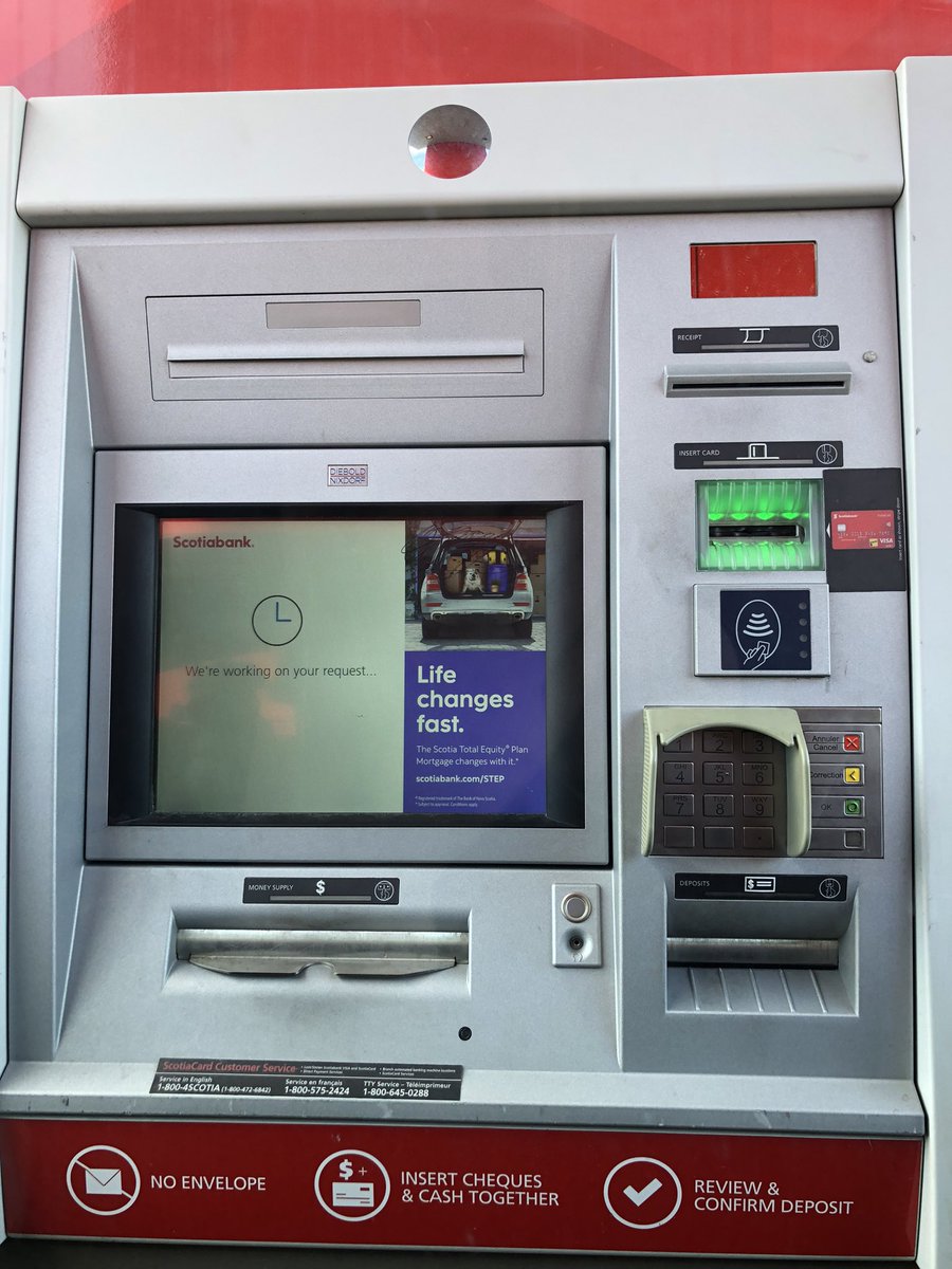 pascale_writes's tweet photo. @ScotiabankHelps what do I do when your ABM freezes in the middle of my deposit and won’t give me my money or my card back? https://t.co/qSRu9OvbrC