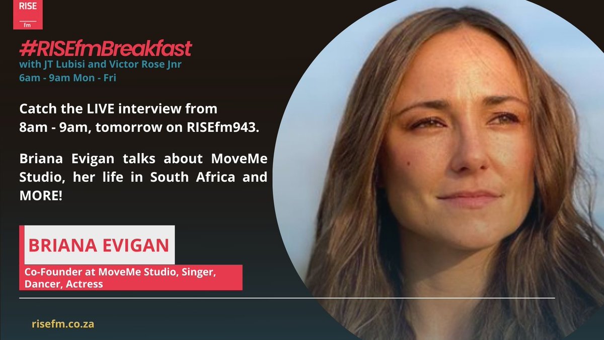 RISEfm943's tweet photo. We're excited to announce that the Star of Step Up 2: The Streets, Co-Founder at MoveMe Studio, Singer, Dancer and Actress, @brianaevigan_2 will be joining @VictorRoseJnr and @jtlubisi1 on the #RISEfmBreakfast. Stream https://t.co/LVIdjg3NLV tomorrow, at 8am! #MpumalangaAzishe https://t.co/5Ciru1yzQQ