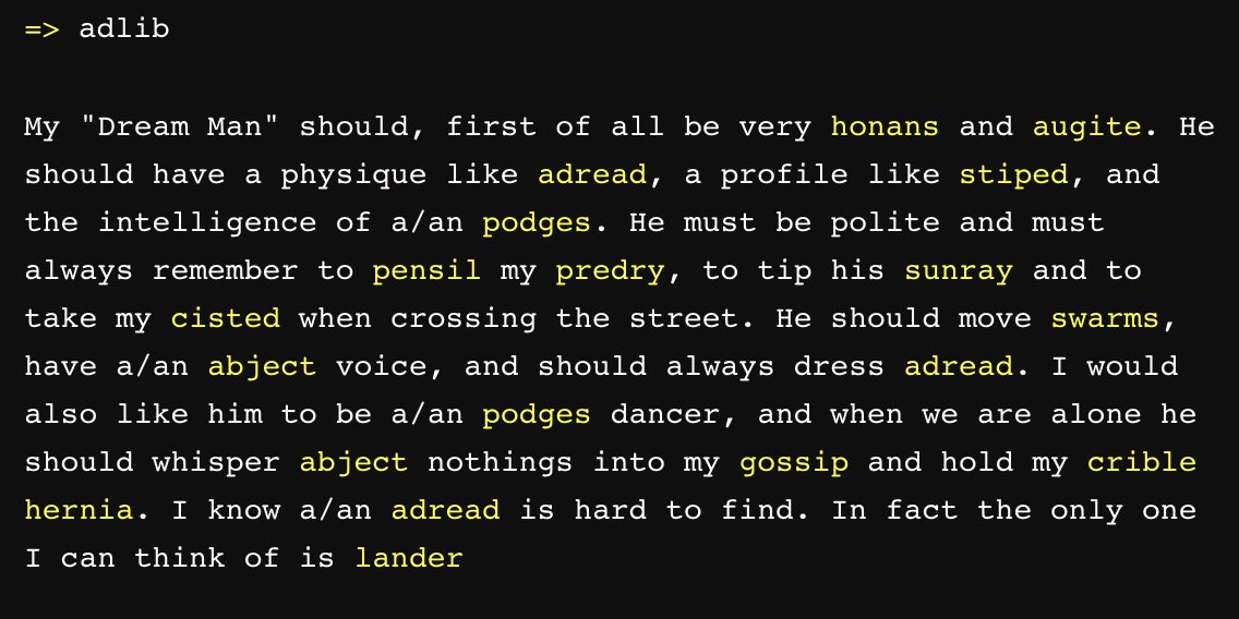 mwords Easter egg 🐣

After mining mwords (minting not required!), you can run command “adlib” to get a random text using your mined words!

Try it out on mwords.org - run “connect” then “mine”, wait a bit to mine some words, then “adlib”!

*no purchase necessary*