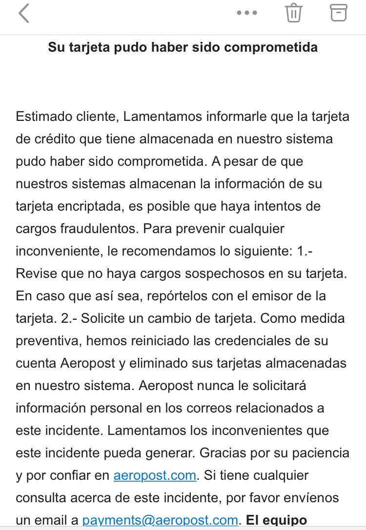 jagax's tweet photo. Para que estén enterados, a la absoluta basura de @aeropost les robaron los datos de los clientes con la información de las tarjetas guardadas y están culpando a los clientes si las usan los maleantes.
Los están obligando a cambiar las tarjetas en vez de cubrir ellos los cargos. https://t.co/Q409mP4nxu