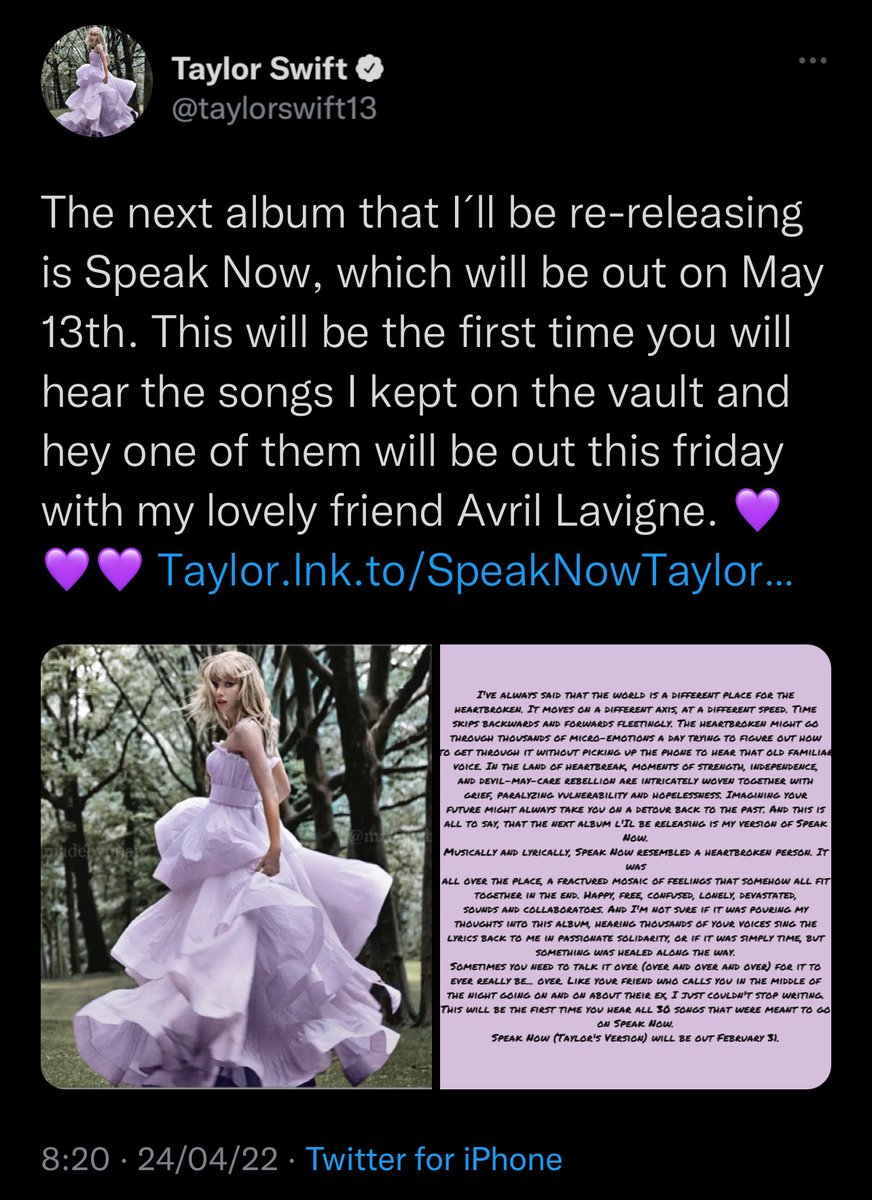 LaPuercaylor's tweet photo. 🚨| Taylor anuncia en Twitter que Speak Now (Taylor’s Version) saldrá el 13 de mayo y una canción saldrá el viernes ft. Avril Lavigne https://t.co/CqDJsgia0V