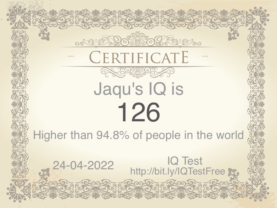 jaimearomin's tweet photo. Wow, my IQ is 126. Higher than 94.8% of people in the world. Test here: https://t.co/uut3YYRGms https://t.co/EnLvg5M6Ou