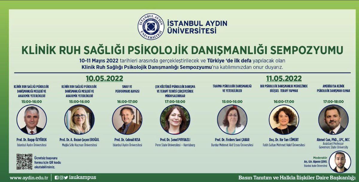 ”Klinik Ruh Sağlığı Psikolojik Danışmanlığı”alanına yönelik Türkiye'de ilk kez İstanbul Aydın Üniversitesi bünyesinde düzenlenen sempozyumumuz 10-11 Mayıs 2022 tarihleri arasında gerçekleştirilecektir. 

Zoom Canlı Yayını 

Ücretsiz katılım formu için;
docs.google.com/forms/d/e/1FAI…