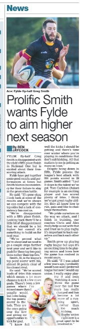 Fylde Rugby (@fylderugby) on Twitter photo Article in today's <a href="/TheRugbyPaper/">The Rugby Paper</a> "Fylde fly-half Greg Smith is disappointed with club's 5th place finish but is excited about their free scoring attack ... "We need to go a couple of steps further next season and push for the top two positions."" Greg tops N2N scorers 272 points Article in today's <a href="/TheRugbyPaper/">The Rugby Paper</a> "Fylde fly-half Greg Smith is disappointed with club's 5th place finish but is excited about their free scoring attack ... "We need to go a couple of steps further next season and push for the top two positions."" Greg tops N2N scorers 272 points