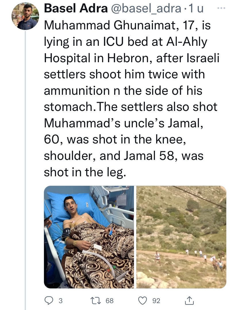 Radlab72's tweet photo. Illegale Joodse kolonisten schieten drie Palestijnen neer. Hasbara winkeltje @joopsoesan: ‘3 Palestijnen gewond tijdens vechtpartij met ‘settlers’ https://t.co/3fsLRx4J6a