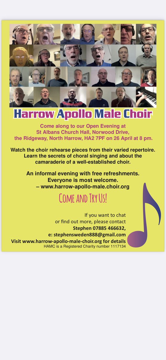 We are seeking new members to further bolster our numbers.  Could you be part of our vibrant community of singers?
No experience necessary!  Come and see us this Tuesday evening at St. Albans Church, Harrow at 7:30pm, and we’ll help you to do the rest!
Everyone is very welcome!