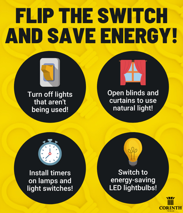 CityofCorinth's tweet image. Warmer and brighter days are approaching! Follow these tips to reduce both your lighting usage and costs this summer!