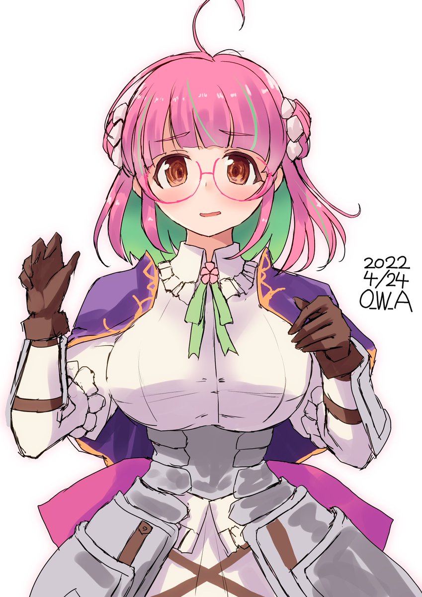 1girl solo pink hair gloves ahoge green hair glasses  illustration images