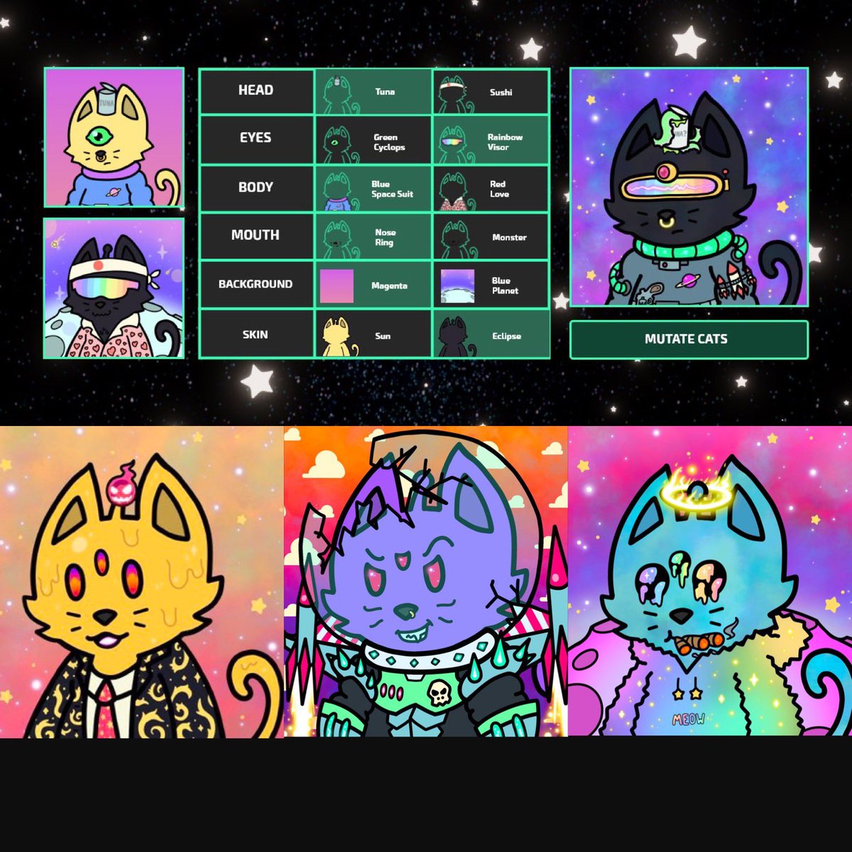 ToolTimeMax's tweet photo. @CosmicCats_ are changing the way mutations work! You will be able to plug your wallet, choose your cats, then decide which traits will be mutated!☢️  #GetCosmic #CosmicCats #CosmicTakeover #CosmicVerse https://t.co/KzJWifnwic