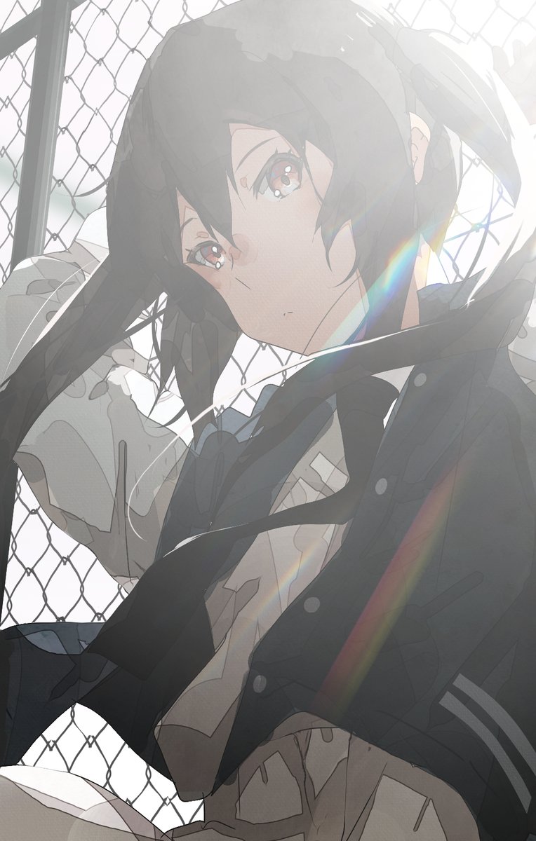 nakano azusa 1girl solo twintails black hair chain-link fence brown eyes jacket  illustration images