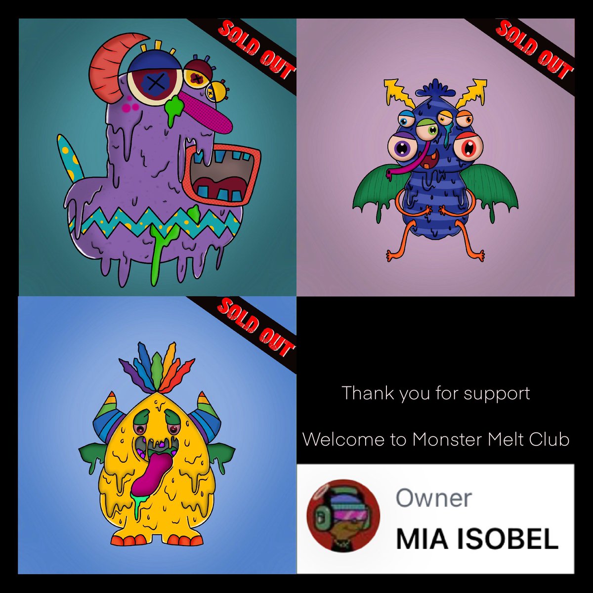 Monster Melt 14,34,35 SOLD OUT🔥
Thank you @work_later so much for supporting me.
Welcome to Monster Melt Club

Hope you enjoy with Monster Melt Club👾👁💚
#cro #crofamily #cryptocomnft #nft #nftcommunity #nftcollectors #nftart #nftartists