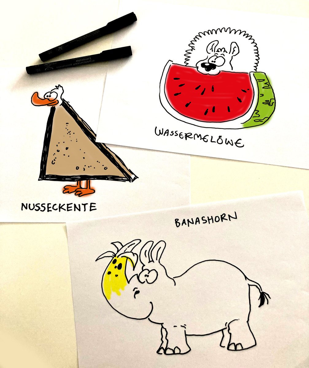 Zeichnungen eines "Wassermelöwen" (Löwe + Wassermelone), einer "Nusseckente" (Ente + Nussecke) und eines "Banashorns" (Nashorn mit Banane als Horn)