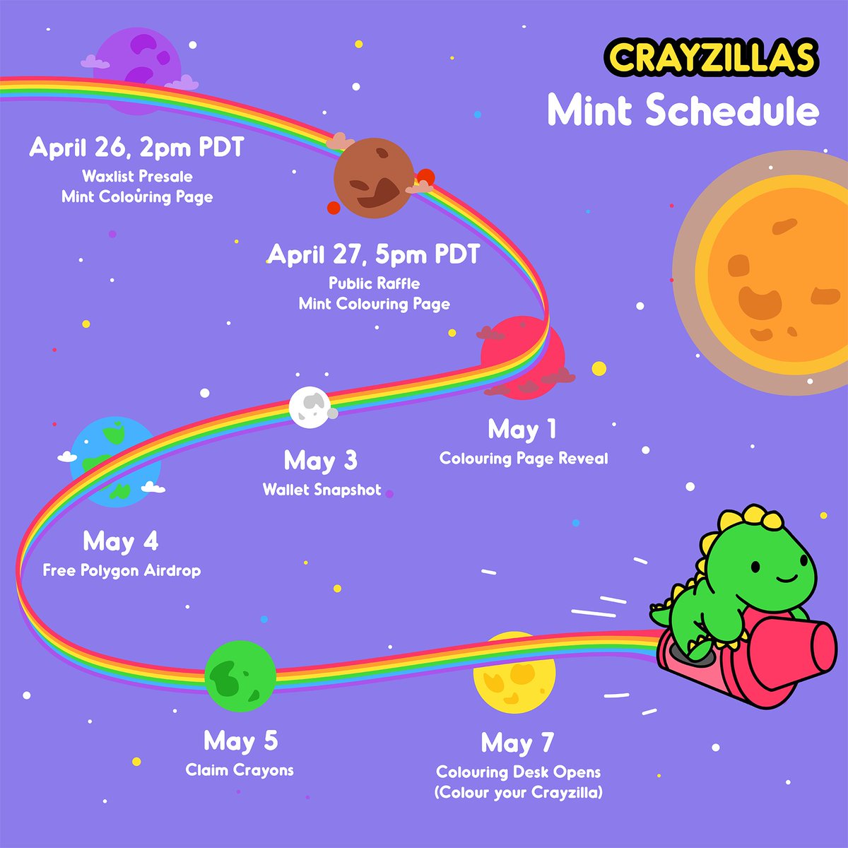 crayzillas's tweet photo. Here's our Mint Schedule! 🖍

With Colouring Pages and Crayons comes a unique, multistep minting process. It's going to be an exciting adventure! 🚀 https://t.co/3frN55oTzI
