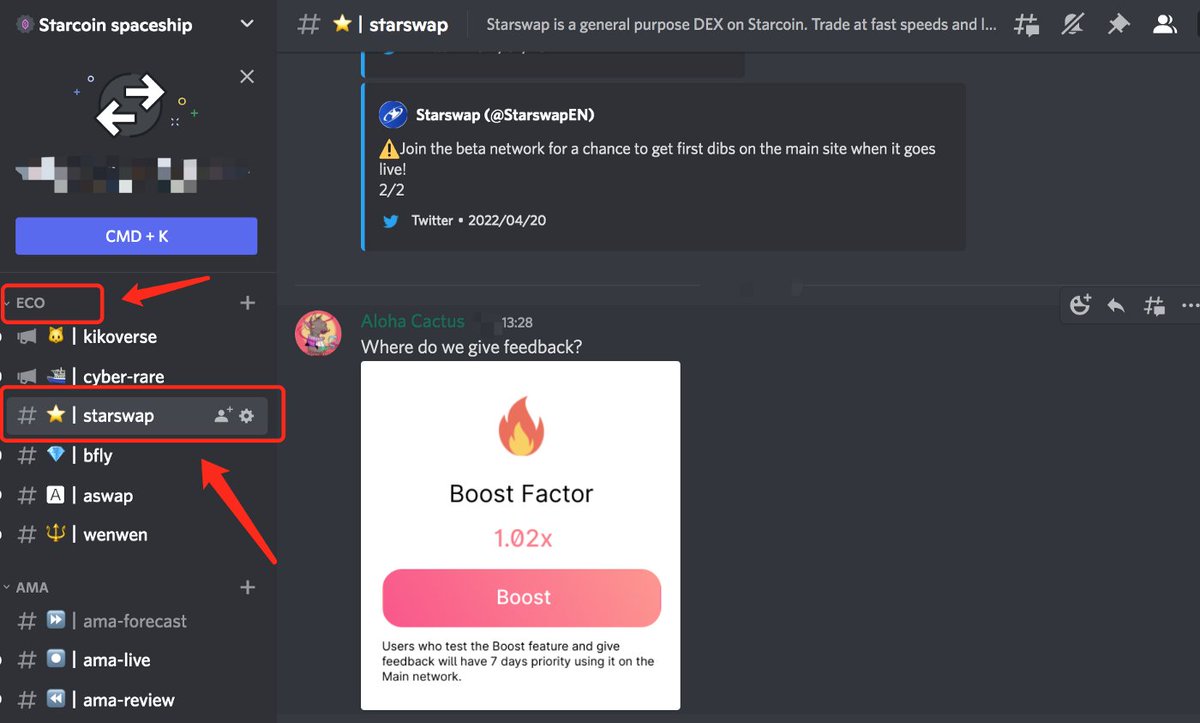 heidachun's tweet photo. 4）🗼Where to give feedback?
Join discord:https://t.co/4nAYfthQPp
Feedback on the Starswap channel：Click【ECO】 — Enter【Starswap】channel https://t.co/4QRZhMGKrs