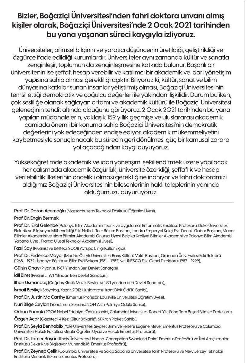Boğaziçi Üniversitesi’nden fahri doktorası olan dünyaca ünlü bilim ve sanat insanlarının Boğaziçi ile ilgili bildirileri bugün Sözcü ve Cumhuriyet gazetelerinde ilan olarak yer aldı (Hürriyet bu ilanımızı da basmayı kabul etmedi)