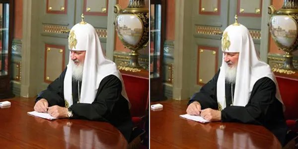 🧵 RELIGION: Here's more of Kremlin's image altering. Kiril, the head of the Russian Orthodox Church, is a key member of Putin's Mafia and is a billionaire himself. Kremlin photoshopped this photo to remove his ~$30,000 wristwatch but forgot to remove the watch reflection.