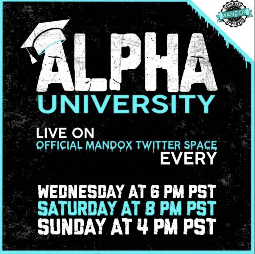 MilitiaMandox's tweet photo. Who else loved #AlphaUniversity last night?!
It was a great show hosted by @OfficialMandox and @AlphamelTheOnly!
If you missed it, don’t worry - there is another show today at 4 PM PT / 6 PM CT / 7 PM ET / 11 PM UTC!
#Mandox #BioApes #crypto #learn https://t.co/A8pDWRNJph