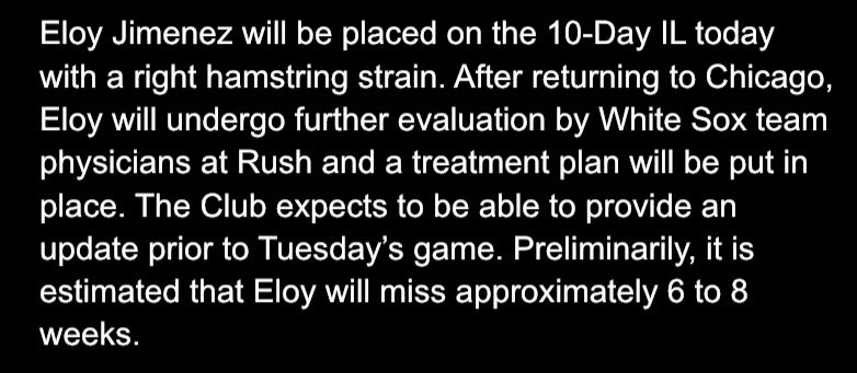 JRFegan's tweet photo. White Sox issued a statement on Eloy Jiménez. They *preliminarily* estimate he will miss 6-8 weeks https://t.co/0YZNvW0ewo